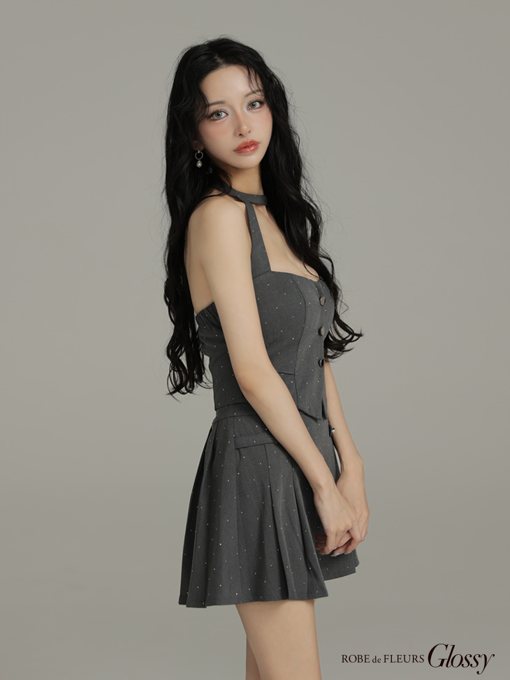 Glossy ローブドフルールグロッシー 【XSサイズあり】ストーン付きホルターシルバーボタンセットアップフレアミニキャバドレス gl4117-c