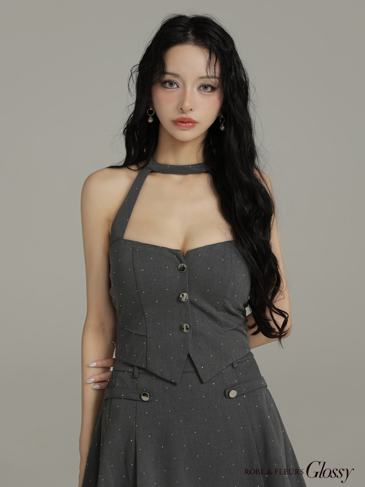 Glossy ローブドフルールグロッシー 【XSサイズあり】ストーン付きホルターシルバーボタンセットアップフレアミニキャバドレス gl4117-c