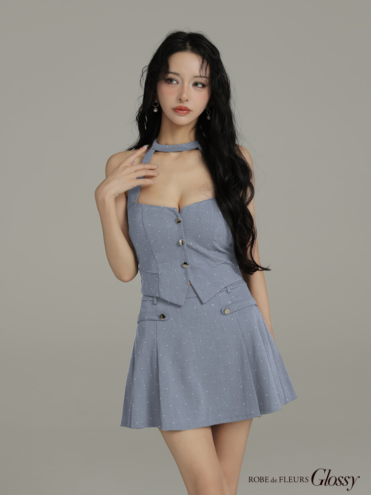 Glossy ローブドフルールグロッシー 【XSサイズあり】ストーン付きホルターシルバーボタンセットアップフレアミニキャバドレス gl4117-c