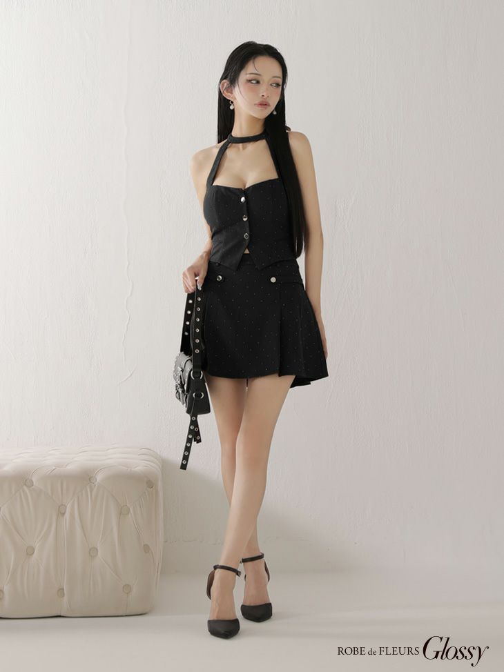Glossy ローブドフルールグロッシー 【XSサイズあり】ストーン付きホルターシルバーボタンセットアップフレアミニキャバドレス gl4117-c