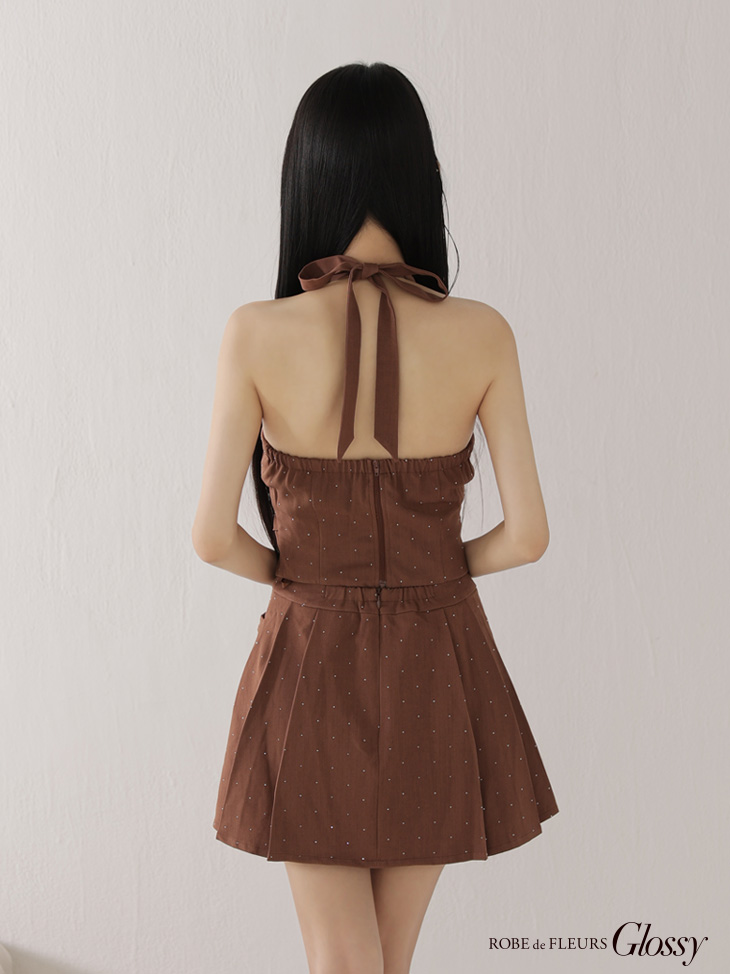 Glossy ローブドフルールグロッシー 【XSサイズあり】ストーン付きホルターシルバーボタンセットアップフレアミニキャバドレス gl4117-c