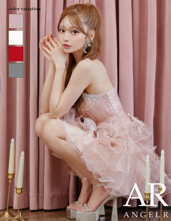 AngelR エンジェルアール ベアトップハートカットビジューパールチェーンフリルウエストマークフワAラインミニドレス ar25340