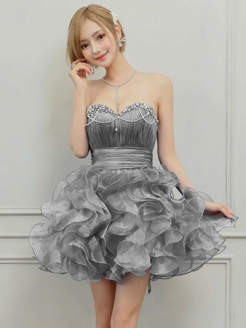 AngelR エンジェルアール ベアトップハートカットビジューパールチェーンフリルウエストマークフワAラインミニドレス ar25340