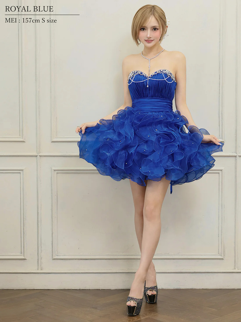 AngelR エンジェルアール ベアトップハートカットビジューパールチェーンフリルウエストマークフワAラインミニドレス ar25340