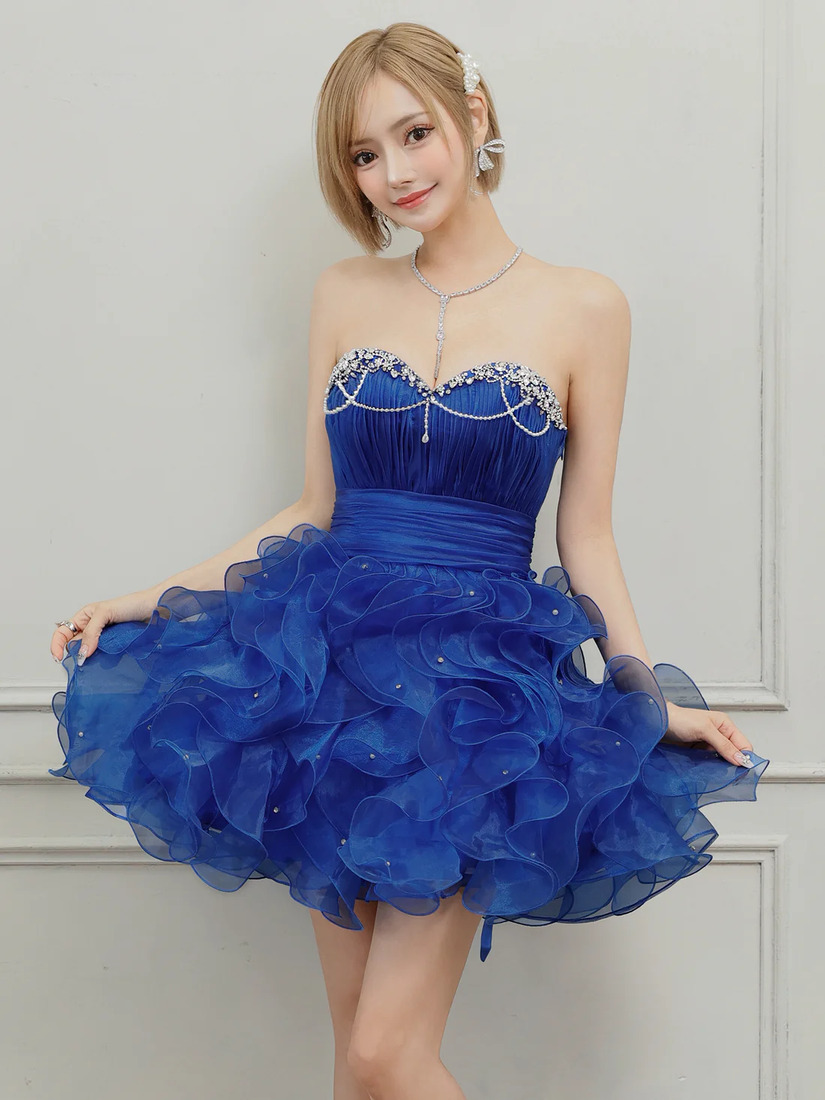 AngelR エンジェルアール ベアトップハートカットビジューパールチェーンフリルウエストマークフワAラインミニドレス ar25340