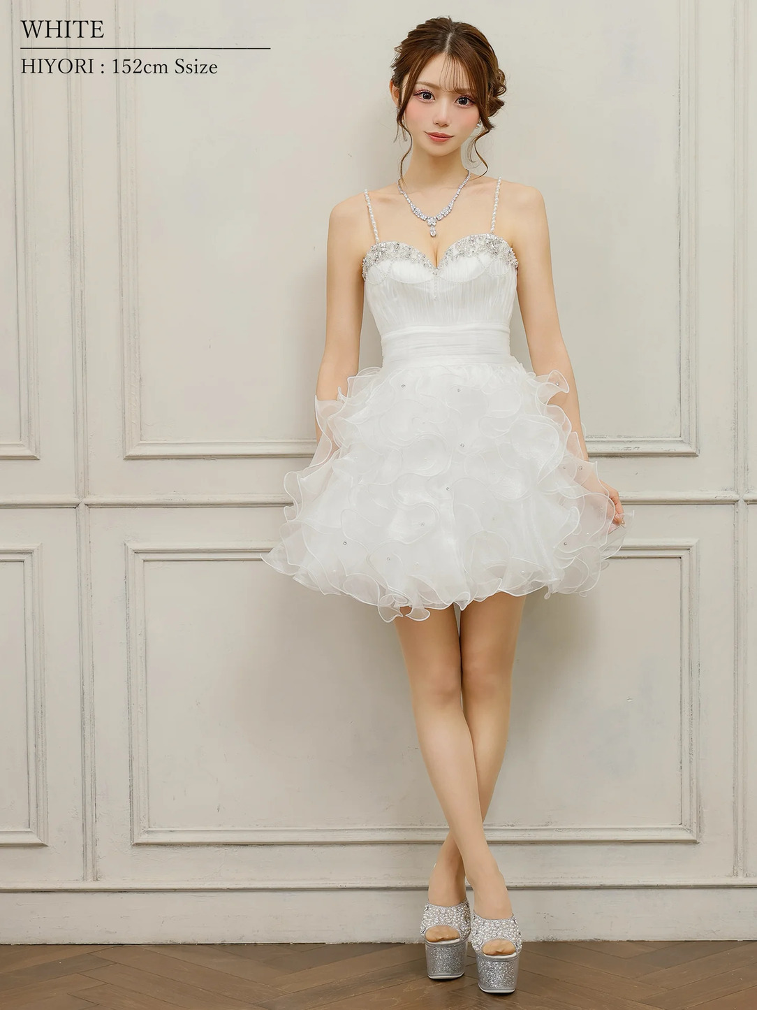 AngelR エンジェルアール ベアトップハートカットビジューパールチェーンフリルウエストマークフワAラインミニドレス ar25340