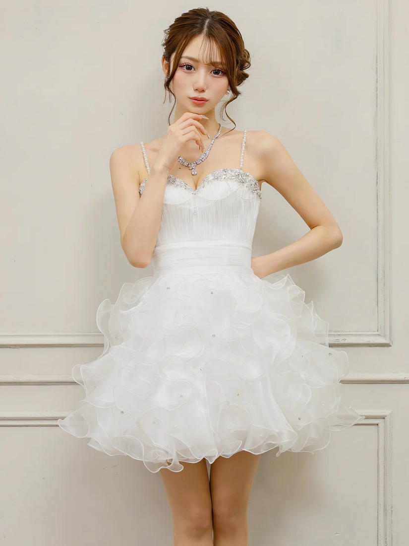 AngelR エンジェルアール ベアトップハートカットビジューパールチェーンフリルウエストマークフワAラインミニドレス ar25340