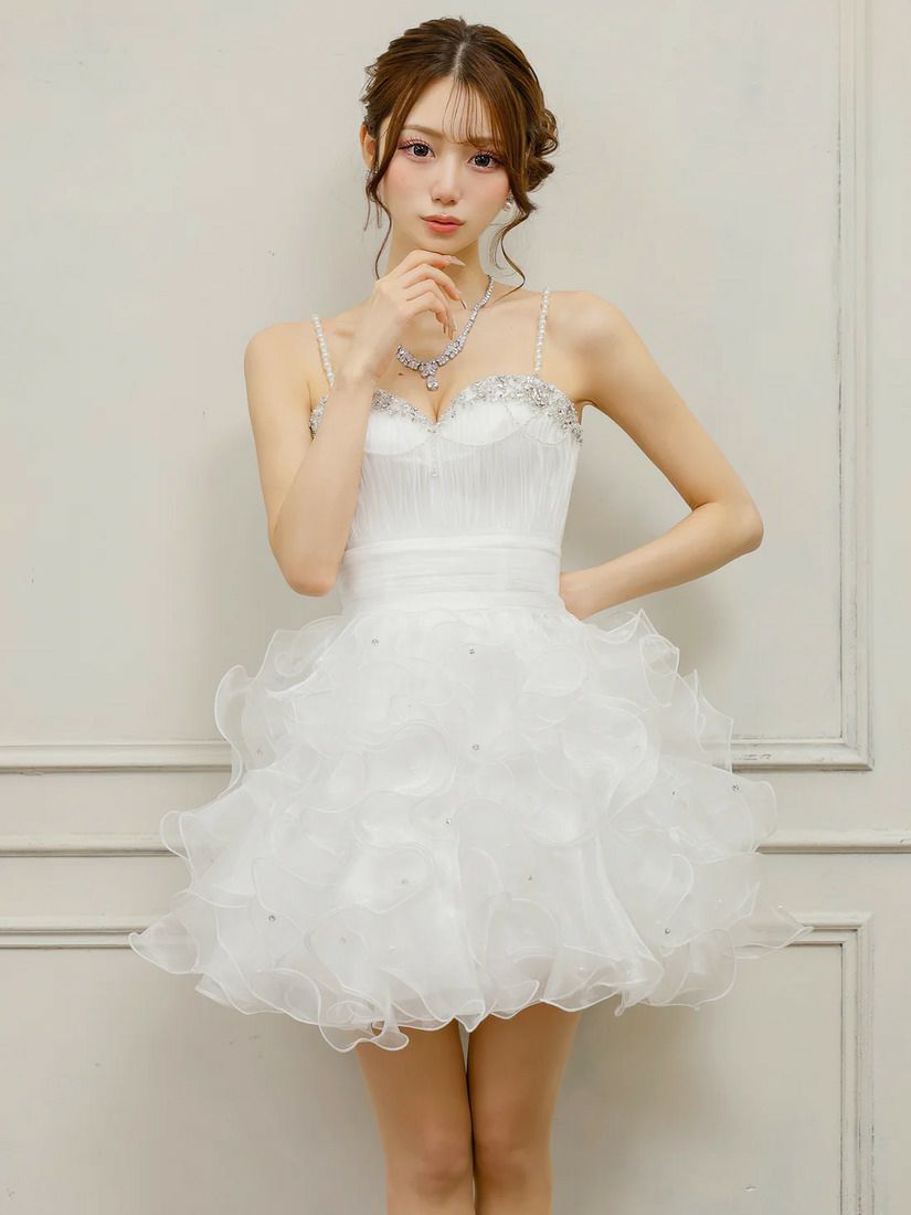 AngelR エンジェルアール ベアトップハートカットビジューパールチェーンフリルウエストマークフワAラインミニドレス ar25340