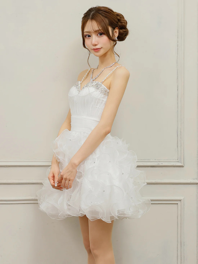 AngelR エンジェルアール ベアトップハートカットビジューパールチェーンフリルウエストマークフワAラインミニドレス ar25340