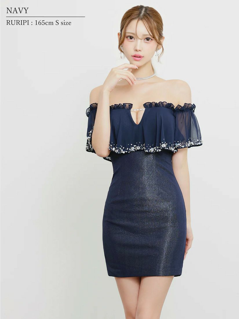 AngelR エンジェルアール オフショルダーシフォンビジューVカットラメタイトミニドレス ar25344