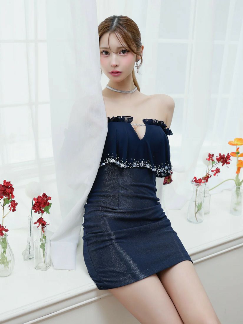 AngelR エンジェルアール オフショルダーシフォンビジューVカットラメタイトミニドレス ar25344