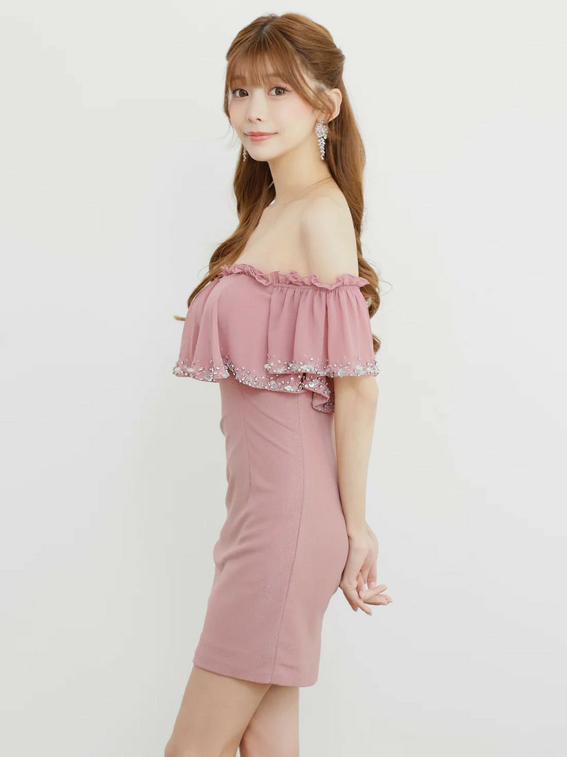 AngelR エンジェルアール オフショルダーシフォンビジューVカットラメタイトミニドレス ar25344