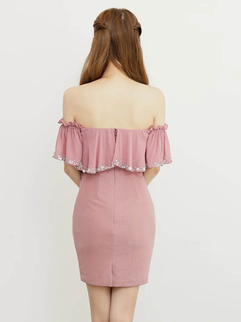 AngelR エンジェルアール オフショルダーシフォンビジューVカットラメタイトミニドレス ar25344