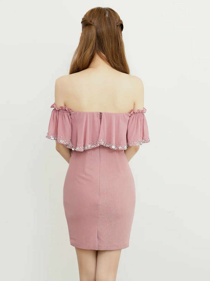 AngelR エンジェルアール オフショルダーシフォンビジューVカットラメタイトミニドレス ar25344