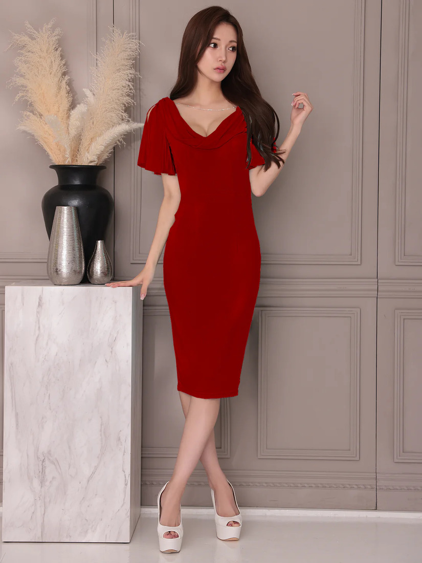 Veautt ヴュート バストドレープスリットフレアスリーブパールチャームタイトミディアムドレス vt022519