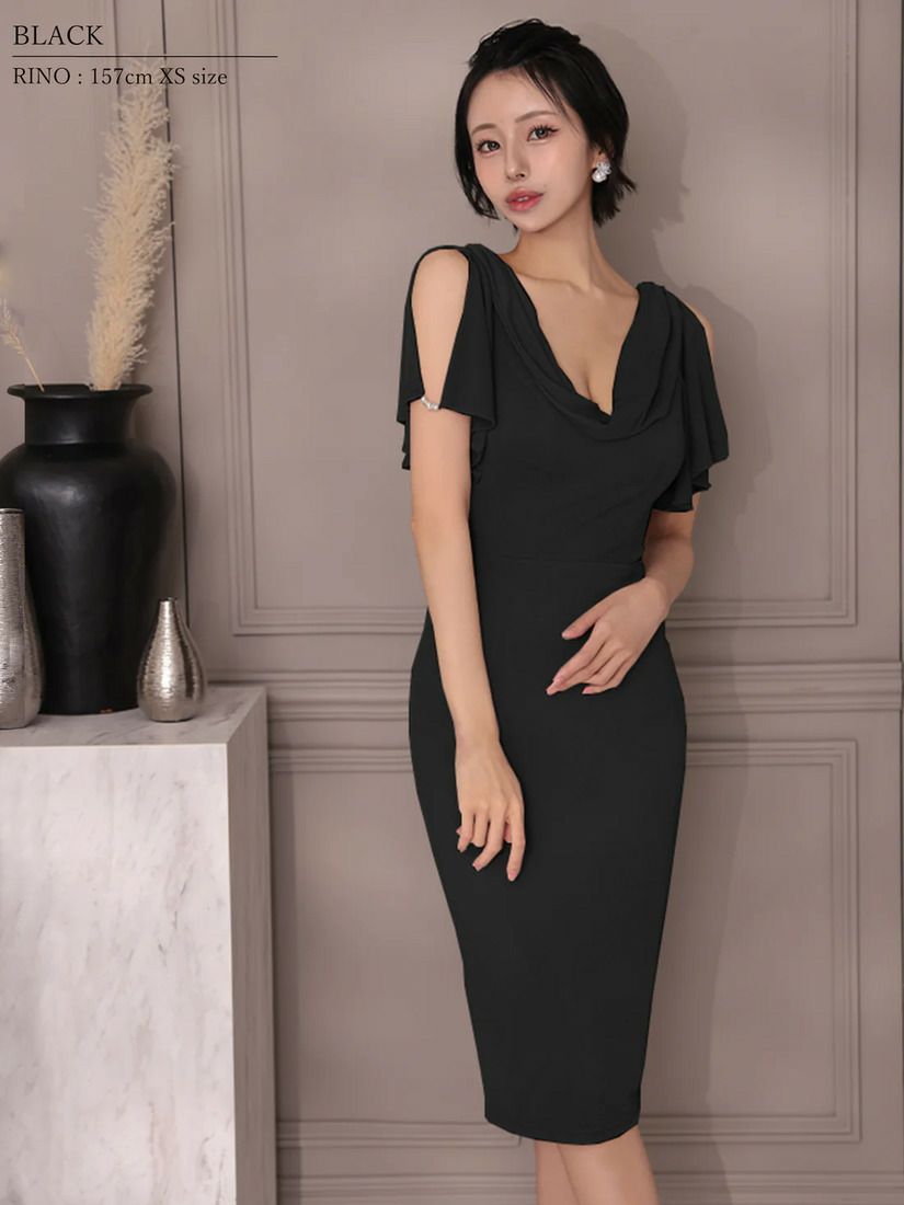 Veautt ヴュート バストドレープスリットフレアスリーブパールチャームタイトミディアムドレス vt022519