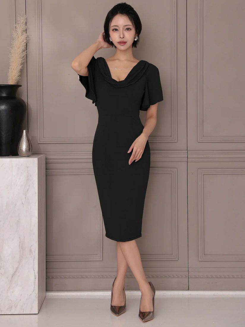 Veautt ヴュート バストドレープスリットフレアスリーブパールチャームタイトミディアムドレス vt022519