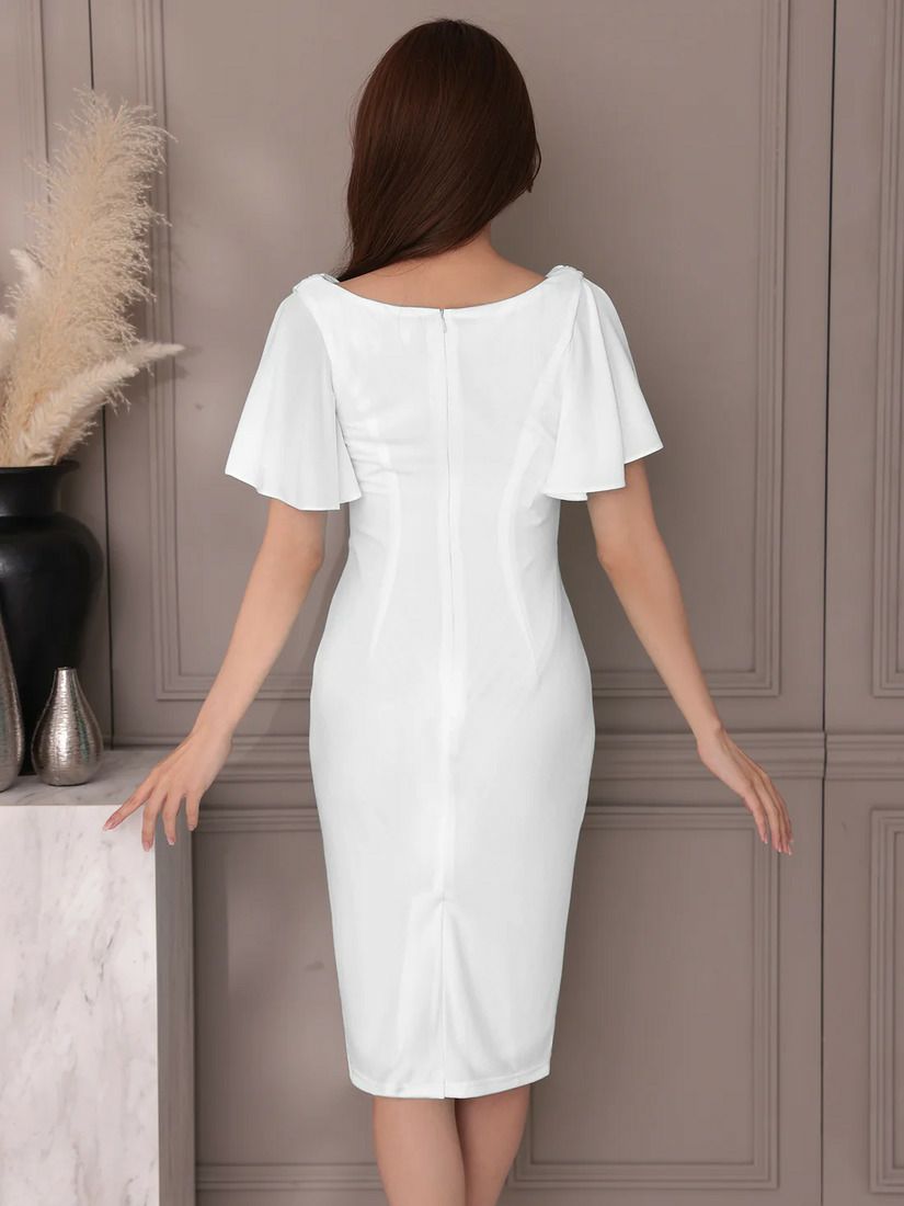 Veautt ヴュート バストドレープスリットフレアスリーブパールチャームタイトミディアムドレス vt022519