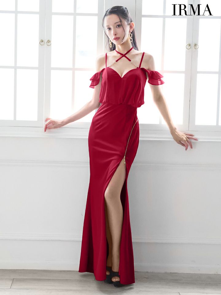 IRMA イルマ ワンカラー/クロスホルター/シフォン/オフショル/ファスナースリット/タイト ロングドレス ir55089-c