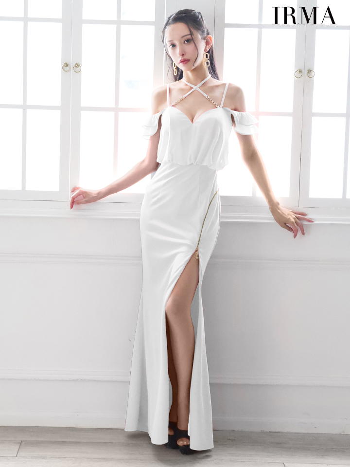 IRMA イルマ ワンカラー/クロスホルター/シフォン/オフショル/ファスナースリット/タイト ロングドレス ir55089-c