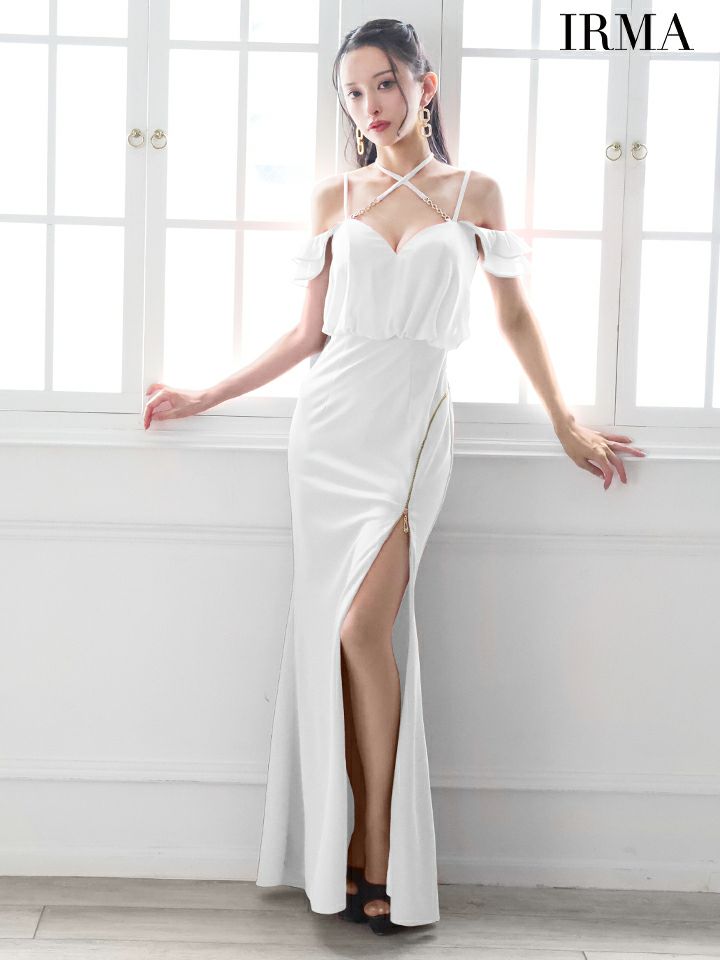 IRMA イルマ ワンカラー/クロスホルター/シフォン/オフショル/ファスナースリット/タイト ロングドレス ir55089-c