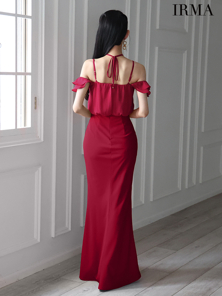 IRMA イルマ ワンカラー/クロスホルター/シフォン/オフショル/ファスナースリット/タイト ロングドレス ir55089-c