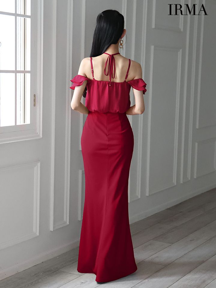 IRMA イルマ ワンカラー/クロスホルター/シフォン/オフショル/ファスナースリット/タイト ロングドレス ir55089-c