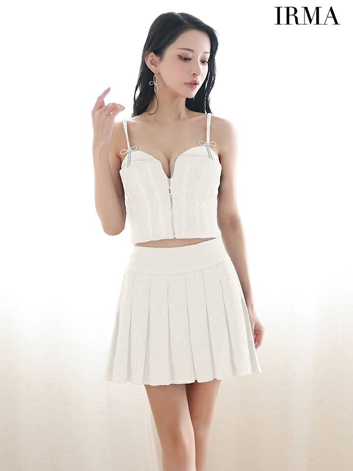 IRMA イルマ ワンカラー/サマーツイード/リボンビジュー/セットアップ/プリーツ/フレア ミニドレス ir55091-c