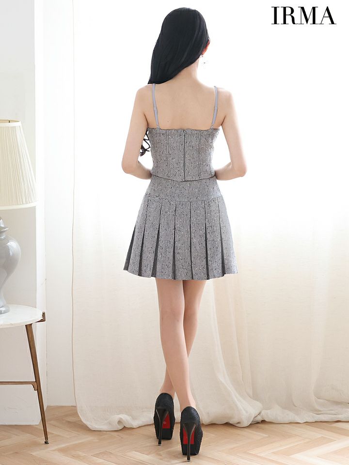 IRMA イルマ ワンカラー/サマーツイード/リボンビジュー/セットアップ/プリーツ/フレア ミニドレス ir55091-c
