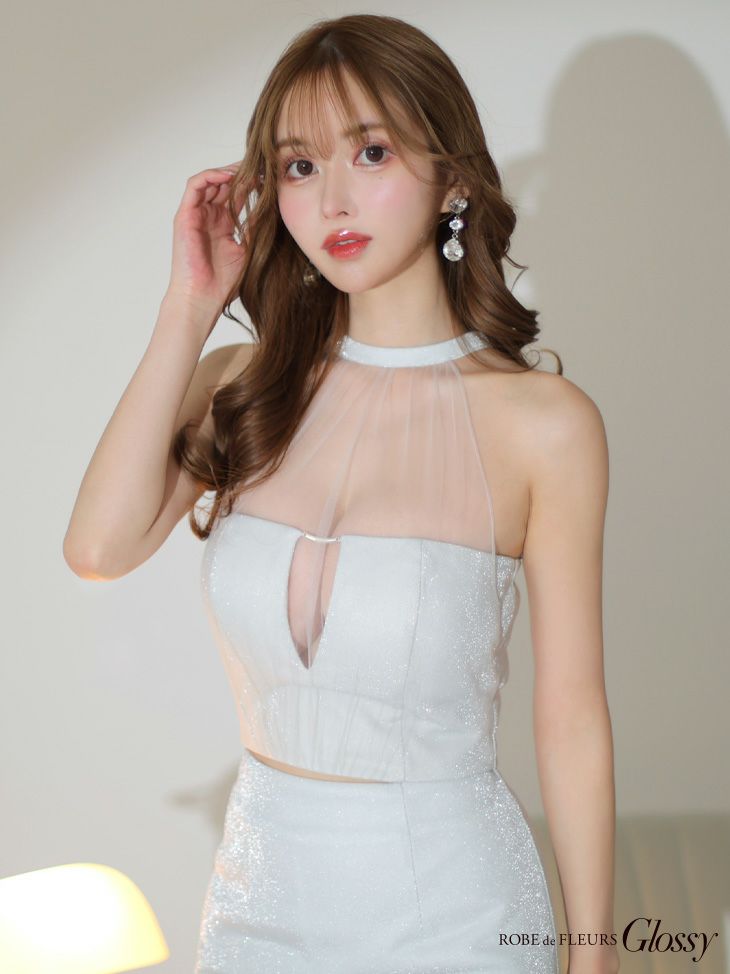 DEA. ディア バイ ローブドフルール 【Lサイズあり】花柄サテンショルダーリボンフレアロングキャバドレス de4603