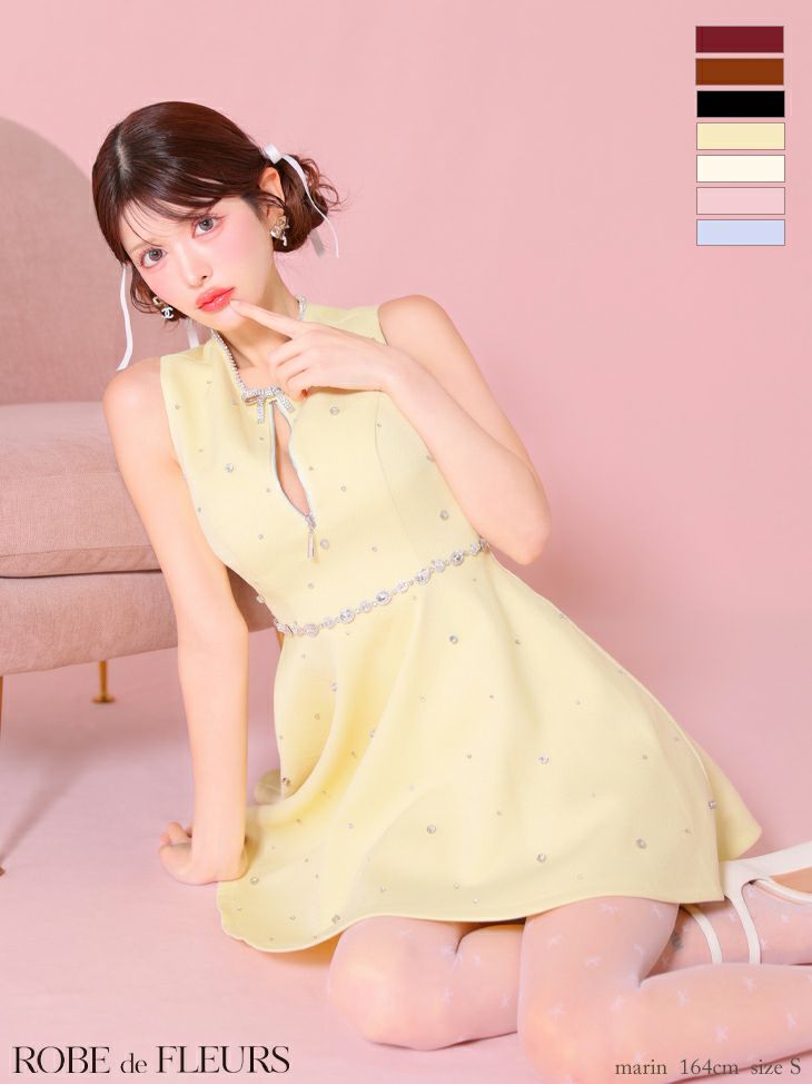 ROBE de FLEURS ローブドフルール リボンビジューバストカットフレアミニキャバドレス fm3618