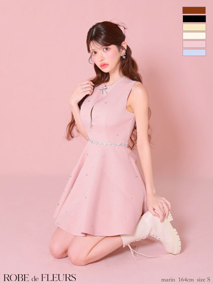 ROBE de FLEURS ローブドフルール リボンビジューバストカットフレアミニキャバドレス fm3618