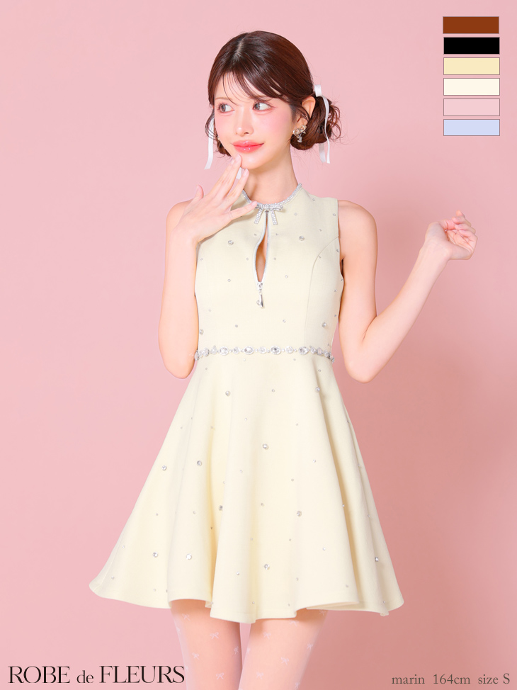 ROBE de FLEURS ローブドフルール リボンビジューバストカットフレアミニキャバドレス fm3618
