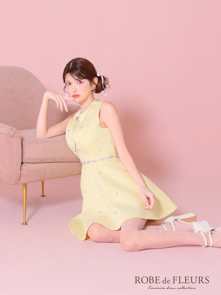 ROBE de FLEURS ローブドフルール リボンビジューバストカットフレアミニキャバドレス fm3618