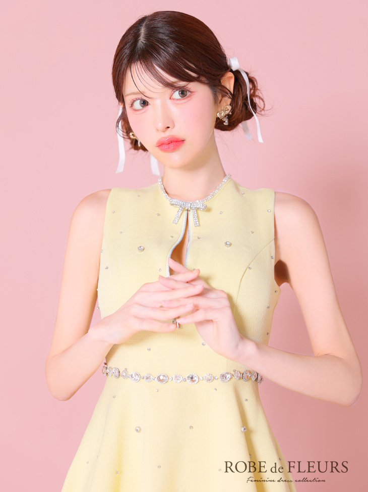 ROBE de FLEURS ローブドフルール リボンビジューバストカットフレアミニキャバドレス fm3618