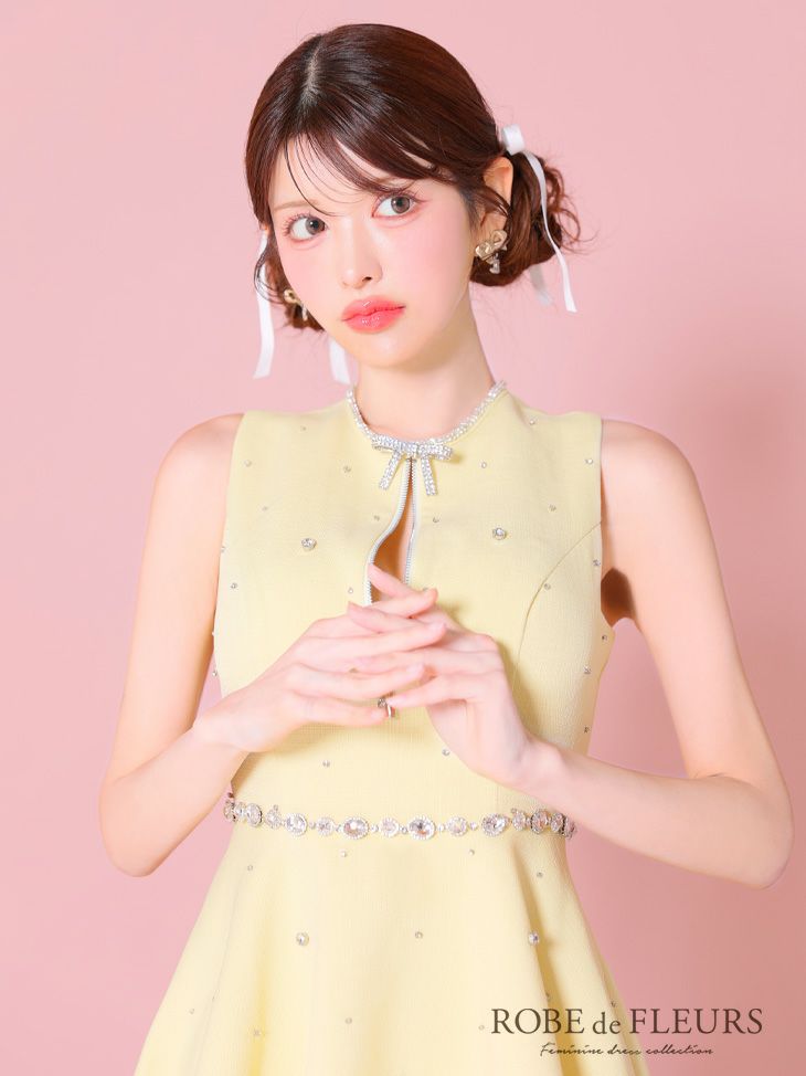 ROBE de FLEURS ローブドフルール リボンビジューバストカットフレアミニキャバドレス fm3618