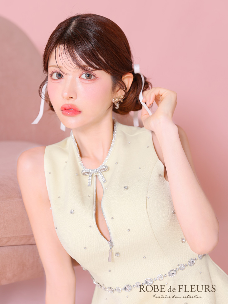 ROBE de FLEURS ローブドフルール リボンビジューバストカットフレアミニキャバドレス fm3618