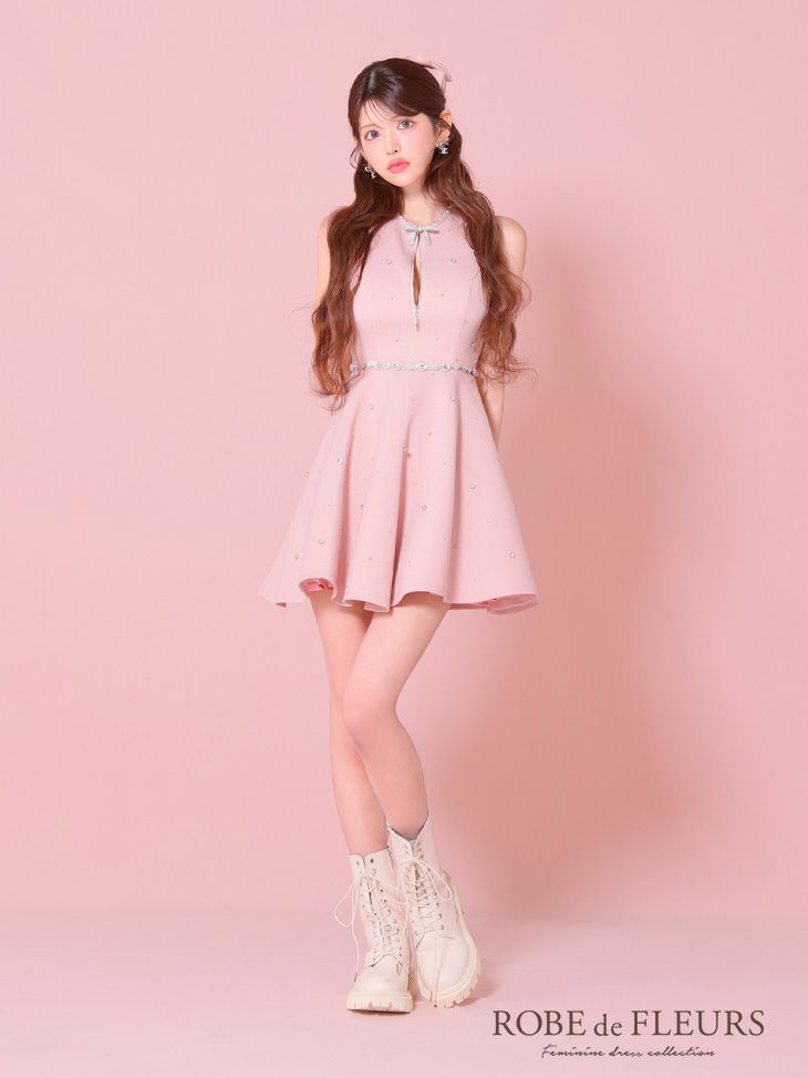 ROBE de FLEURS ローブドフルール リボンビジューバストカットフレアミニキャバドレス fm3618