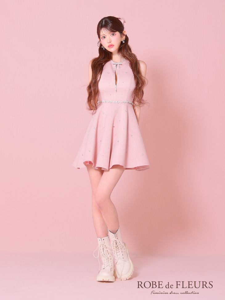 ROBE de FLEURS ローブドフルール リボンビジューバストカットフレアミニキャバドレス fm3618