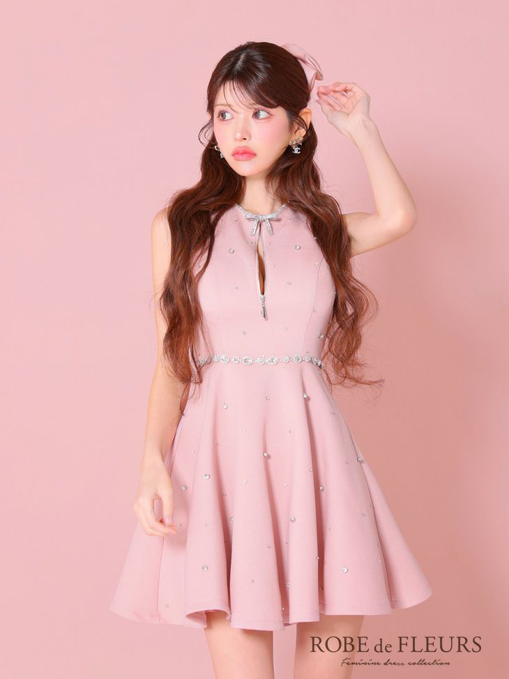 ROBE de FLEURS ローブドフルール リボンビジューバストカットフレアミニキャバドレス fm3618