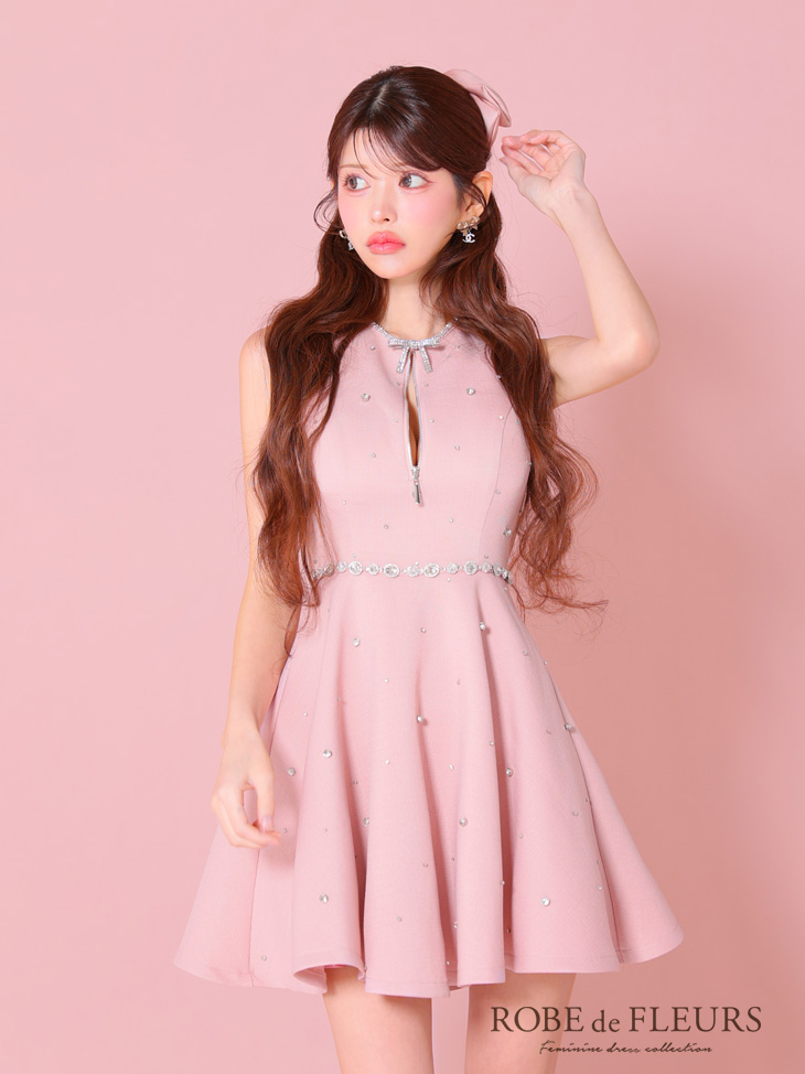ROBE de FLEURS ローブドフルール リボンビジューバストカットフレアミニキャバドレス fm3618