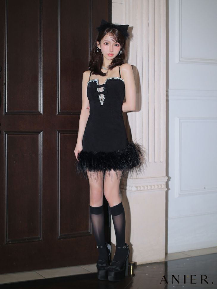 ROBE de FLEURS anier.ROBE ローブドフルール アニエルローブ  【XSサイズあり】 Tweed off-the-shoulder waist-cut bunny halloween dress ツイードオフショルウエストカットバニーミニドレス fm-anier4054-c