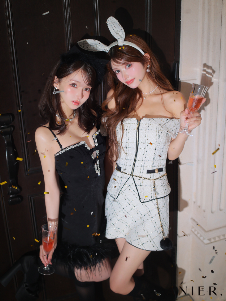 ROBE de FLEURS anier.ROBE ローブドフルール アニエルローブ  【XSサイズあり】 Tweed off-the-shoulder waist-cut bunny halloween dress ツイードオフショルウエストカットバニーミニドレス fm-anier4054-c