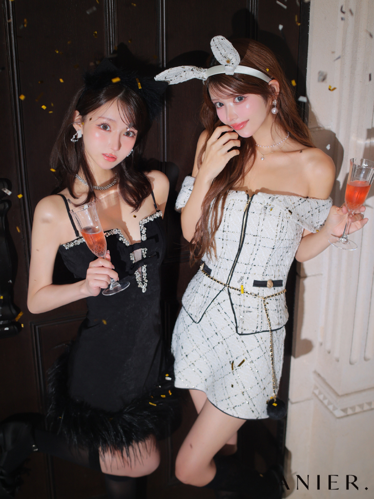 ROBE de FLEURS anier.ROBE ローブドフルール アニエルローブ  【XSサイズあり】 Tweed off-the-shoulder waist-cut bunny halloween dress ツイードオフショルウエストカットバニーミニドレス fm-anier4054-c