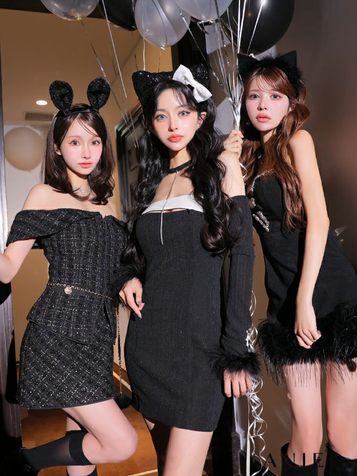 ROBE de FLEURS anier.ROBE ローブドフルール アニエルローブ  【XSサイズあり】 Tweed off-the-shoulder waist-cut bunny halloween dress ツイードオフショルウエストカットバニーミニドレス fm-anier4054-c