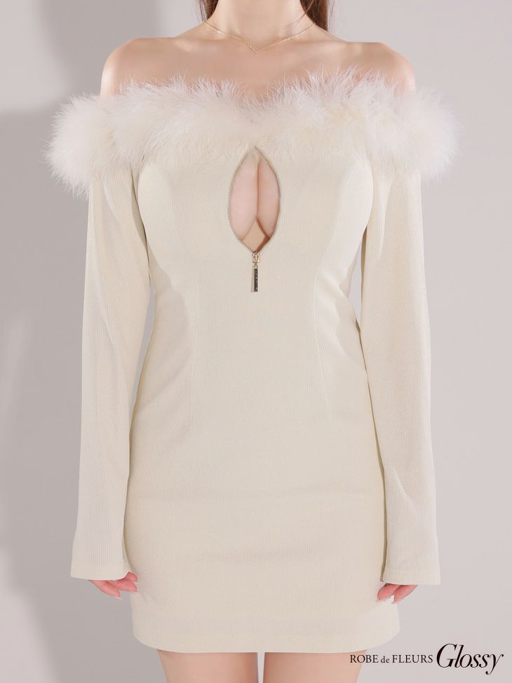 Glossy ローブドフルールグロッシー【XSサイズあり】2wayオフショルファーバストジップリブニットミニキャバドレス gl3612