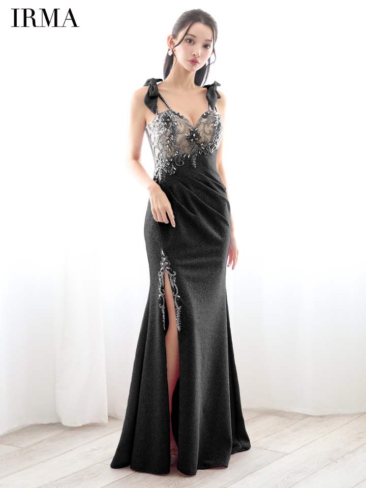 IRMA イルマ 花柄刺繍/ショルダーラメリボン/メッシュ/スリット入り/タイト ロングドレス  【リボン取り外し可能】 ir51839-c