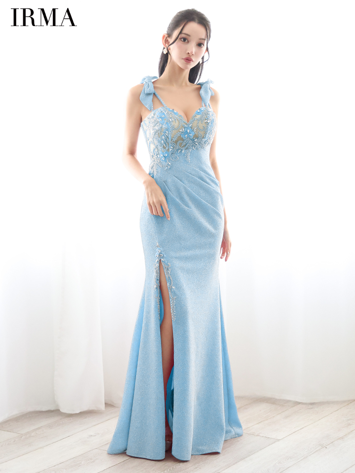 IRMA イルマ 花柄刺繍/ショルダーラメリボン/メッシュ/スリット入り/タイト ロングドレス  【リボン取り外し可能】 ir51839-c