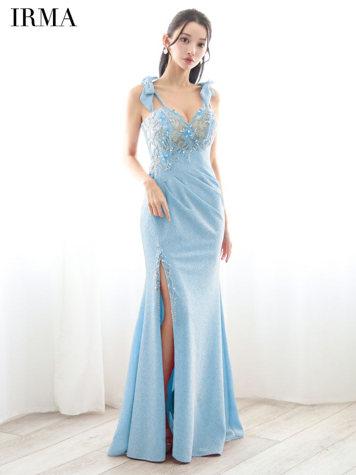 IRMA イルマ 花柄刺繍/ショルダーラメリボン/メッシュ/スリット入り/タイト ロングドレス  【リボン取り外し可能】 ir51839-c