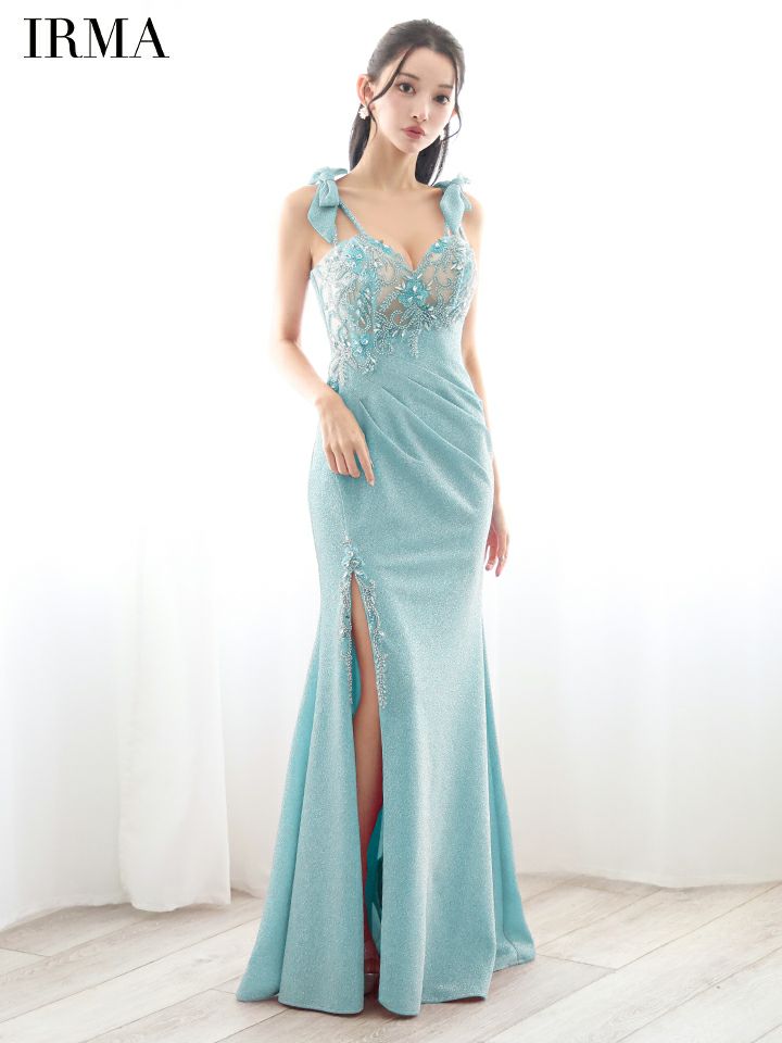 IRMA イルマ 花柄刺繍/ショルダーラメリボン/メッシュ/スリット入り/タイト ロングドレス  【リボン取り外し可能】 ir51839-c